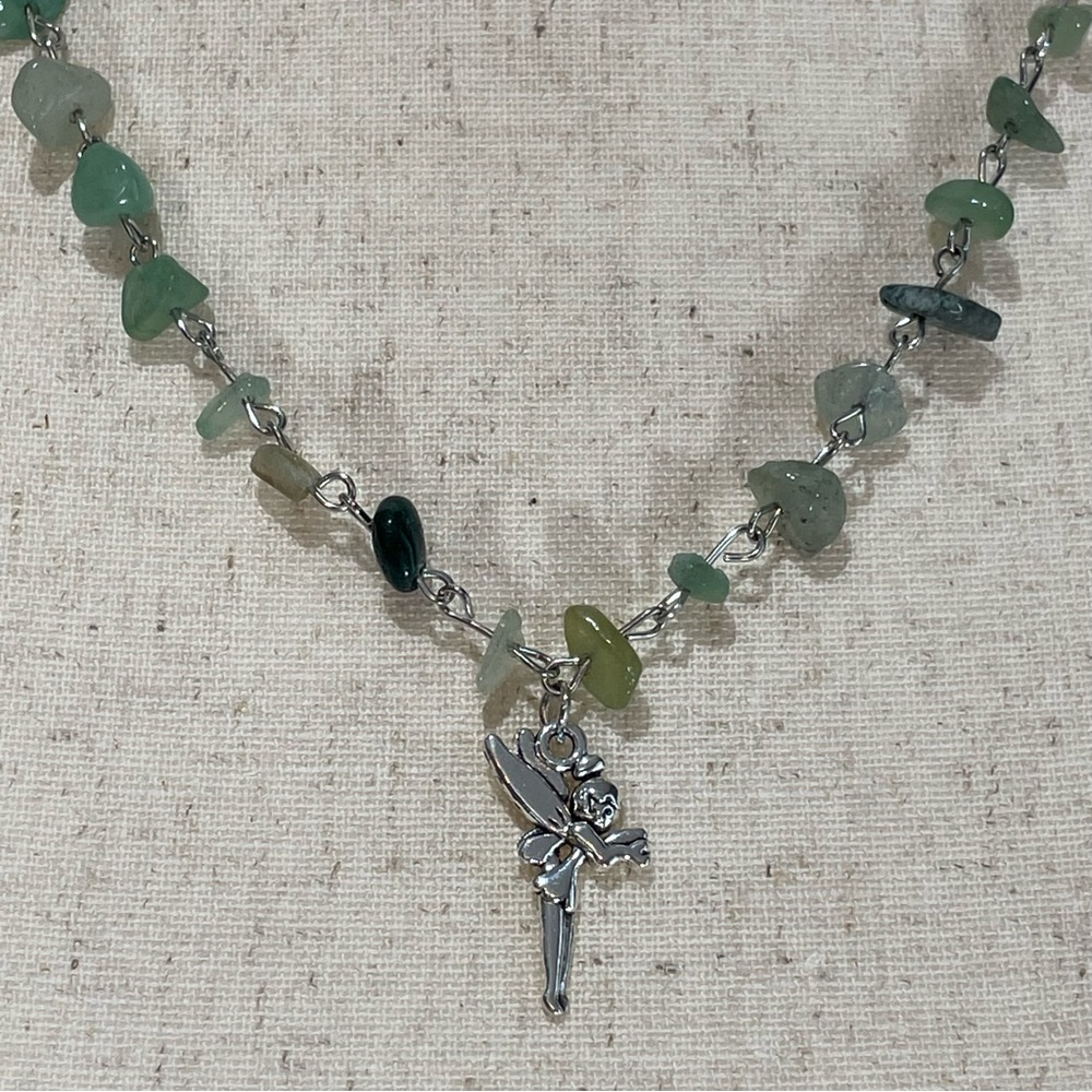Tinkerbell Necklace with Silver Toned Fairy Charm and Polished Stones Fairycore